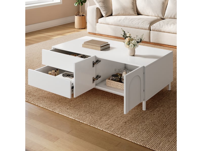  Table basse avec 2 tiroirs et 2 portes pour salon en mdf et panneaux de particules 100×50×39,5 cm blanc  - Conforama C