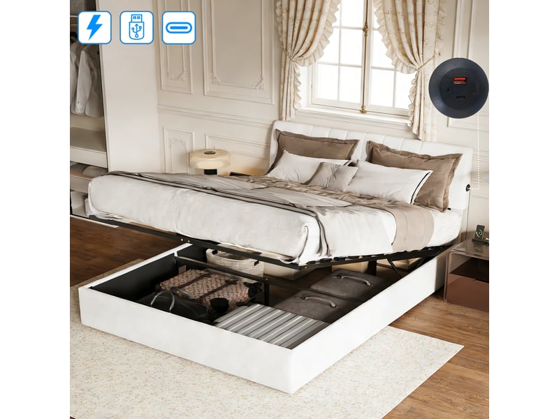  Lit coffre hydraulique 140x190 avec sommier à lattes - tête de lit rembourrée  - rangement - velours teddy - lit double 2 personnes 140x190cm avec , tête de lit capitonné avec chargement usb type-c, 2 personnes, tissu sherpa, bl…  - Conforama C
