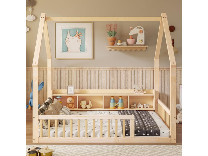  Lit cabane au sol 140x200 cm - lit enfant en bois de pin avec étagères de rangement et barrières de sécurité - bois naturel  - Conforama B