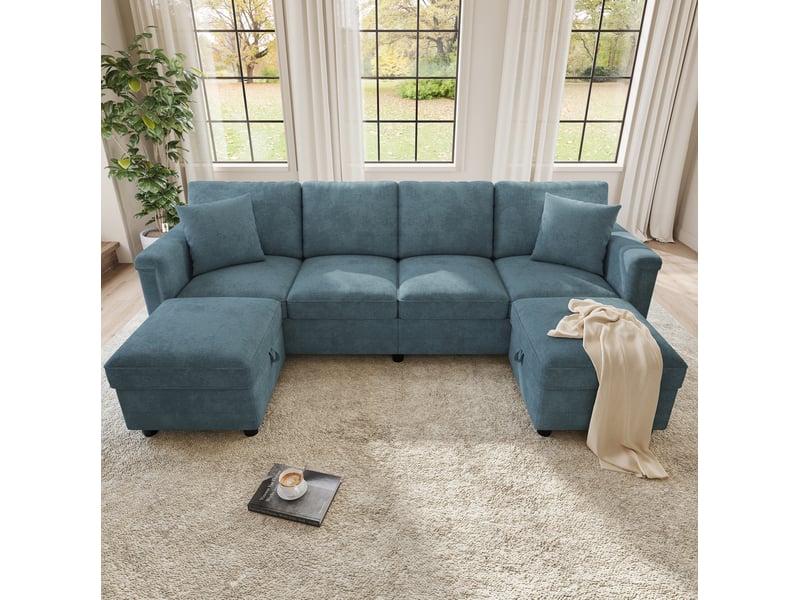 Canapé modulaire 4 places transformable en l ou u avec deux poufs de rangement et ports usb en chenille bleue - Conforama D