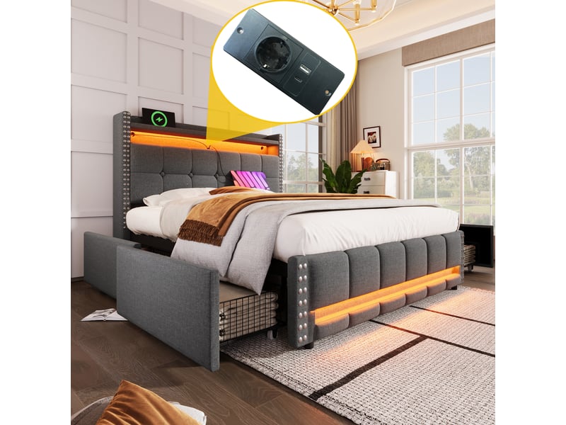  Lit 140x200 cm tissu gris – led, port usb, tête avec étagères et 4 tiroirs  - Conforama D