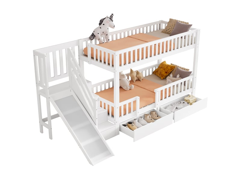 Lit enfant superposé, 90x200 cm, avec toboggan, escaliers, 2 tiroirs pratiques, matelas non inclus, bois, coloris blanc - Conforama A