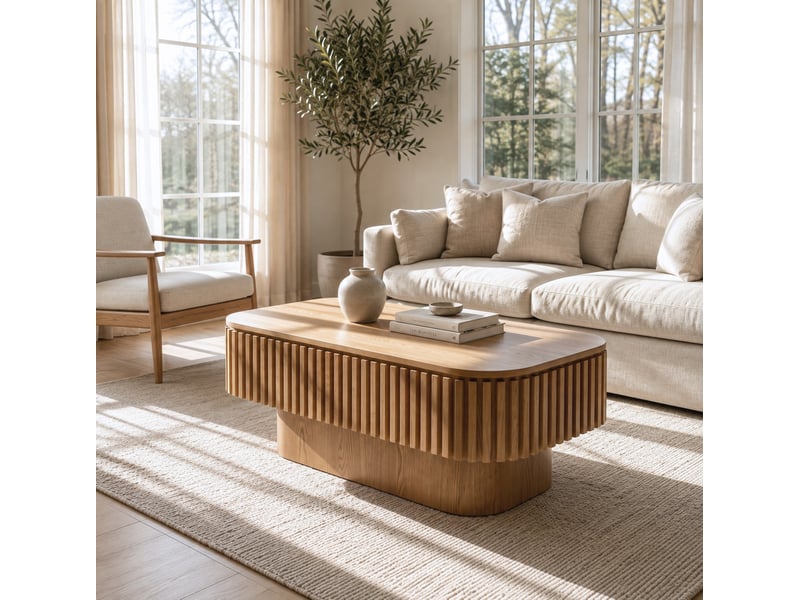  Table basse cannelée à rangement caché, plateau amovible en bois et mdf coloris naturel  - Conforama D