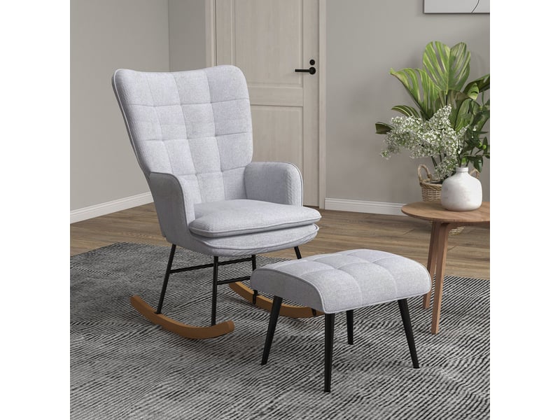  Fauteuil à bascule avec repose-pieds gris clair, fauteuil de relaxation aspect lin, charge 130 kg  - Conforama B