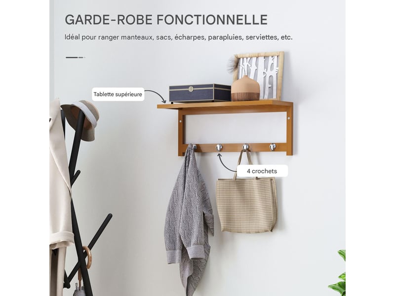  Porte-manteau mural avec 4 crochets et étagère bois naturel 50x16x17,5 cm  - Conforama D