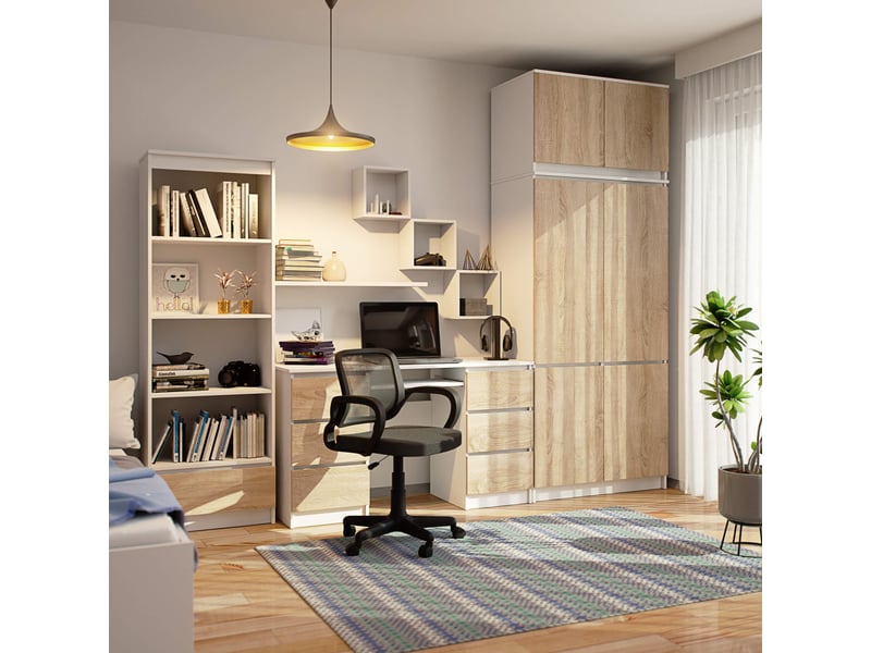  Armoire avec surmeuble s90 blanche 90 cm 6 portes façade chêne sonoma 6 étagères 90x51x235 cm  - Conforama E