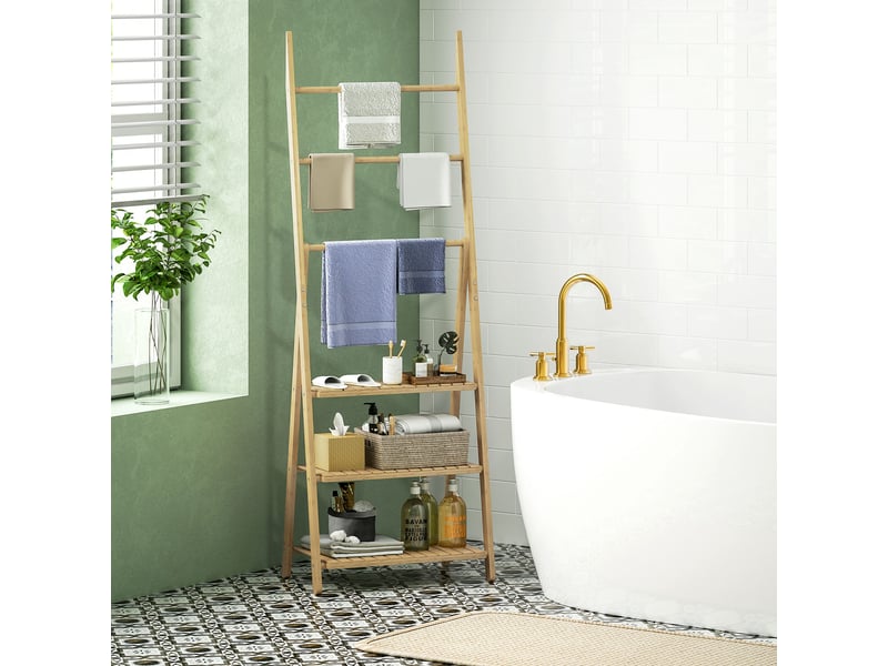  Étagère salle de bain en bambou pliable 3 niveaux étagère à échelle porte-serviettes 53,5x30x153cm effet bois naturel  - Conforama B