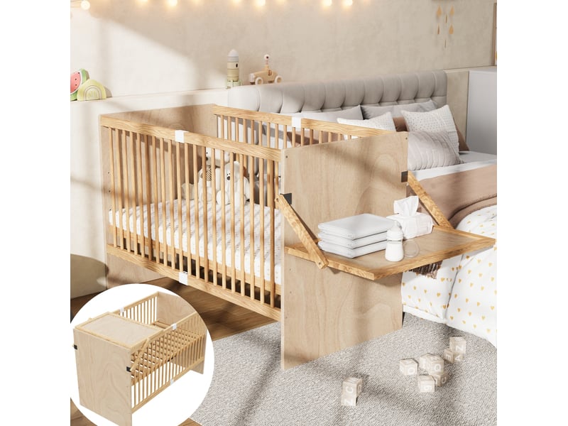  Lit bébé 70 × 140 cm avec plan à langer, 4 hauteurs de sommier, sans matelas, en pin, naturel  - Conforama C