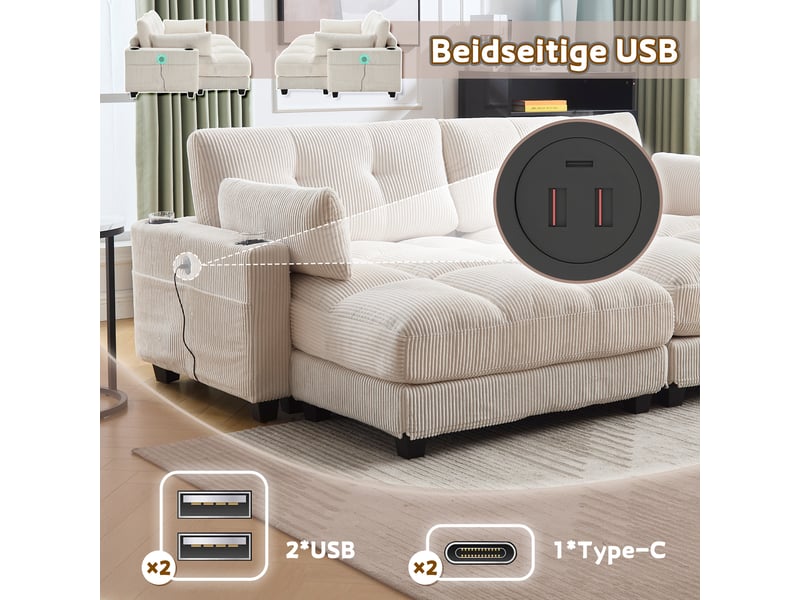  Canapé modulaire 2 places séparable en 2 fauteuils avec usb - lpospi - 4 porte-gobelets, velours côtelé beige  - Conforama E