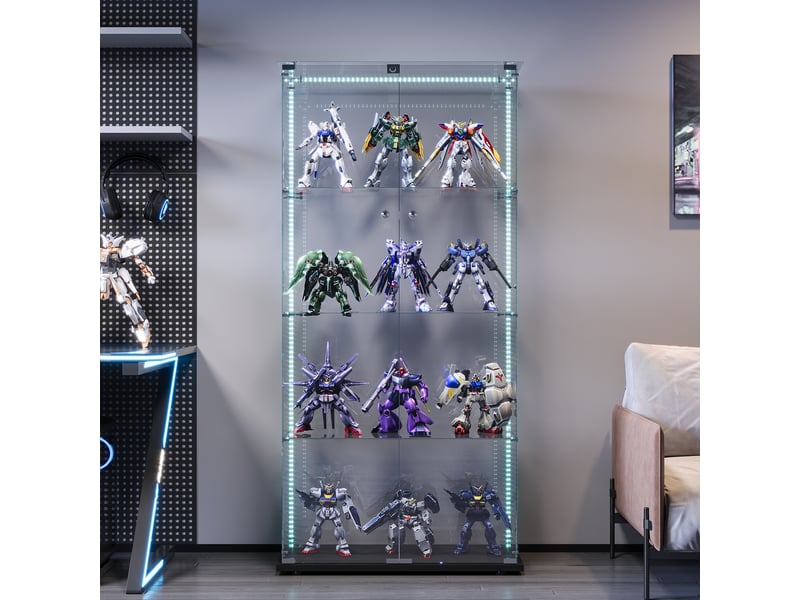  Vitrine en verre 4 niveaux double porte - 78,5 x 36,5 x 163 cm - noir - grande armoire d'exposition avec ruban led et base noire  - Conforama E