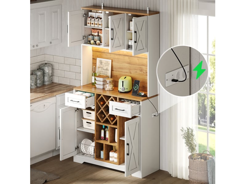  Buffet de cuisine 105x40x180 cm avec led, casier à vin, naturel et blanc  - Conforama E