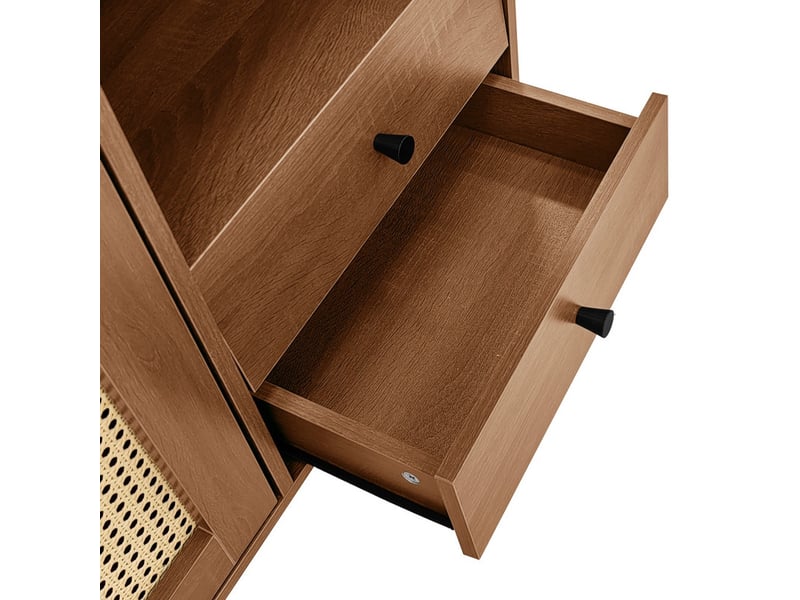  Meuble de rangement, buffet avec 2 portes en rotin, étagères réglables et 2 tiroirs, 130 x 75,5 x 40 cm, fermeture magnétique, pour salon et salle à manger  - Conforama E