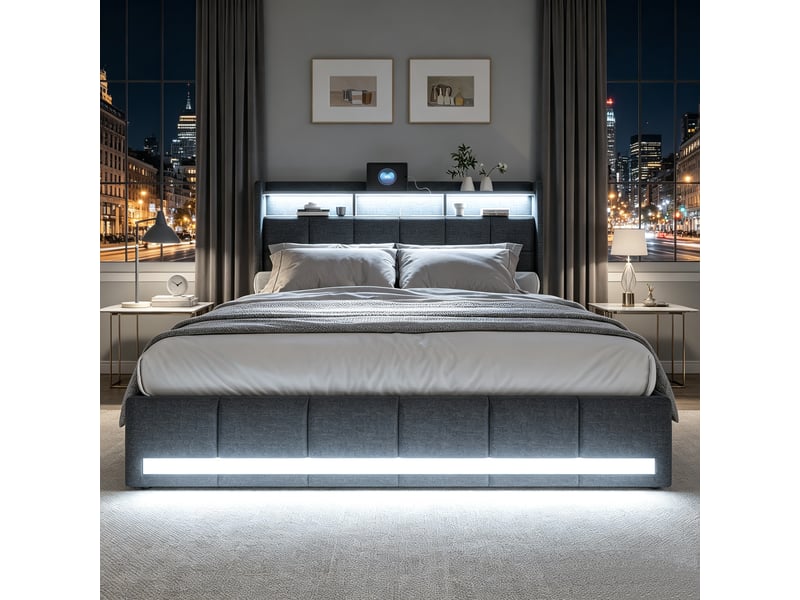 Lit double 140x200 avec led et tiroir, lit 2 personnes avec led et usb cadre de lit rembourré avec 4 tiroirs de rangement et tête de lit capitonnée pour adultes et adolescents lin gris, sans matelas - Conforama B