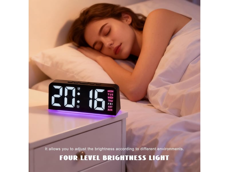  Réveil numérique, réveil led, avec veilleuse, quatre niveaux de luminosité réglables, horloge de chevet avec affichage de la semaine (rose)  - Conforama D