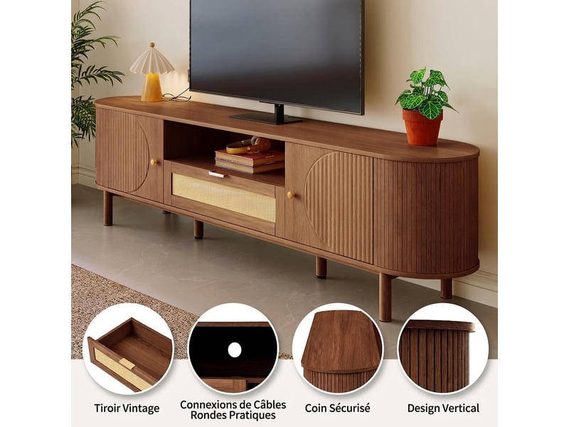  Meuble tv noyer 175 cm avec design incurvé et portes demi-cercle  - Conforama E