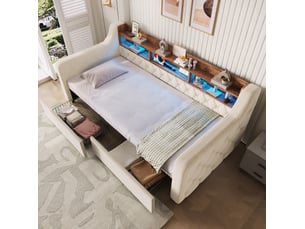 Lit avec rangement 90x190 cm <strong>HAVRYA</strong>  <strong></strong> coloris beige