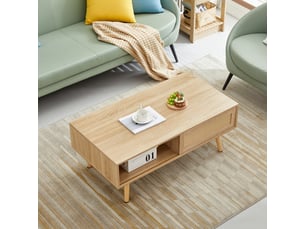 Table basse avec 1 porte coulissante et espace de rangement, pieds réglables, en mdf, bois naturel - uvrion