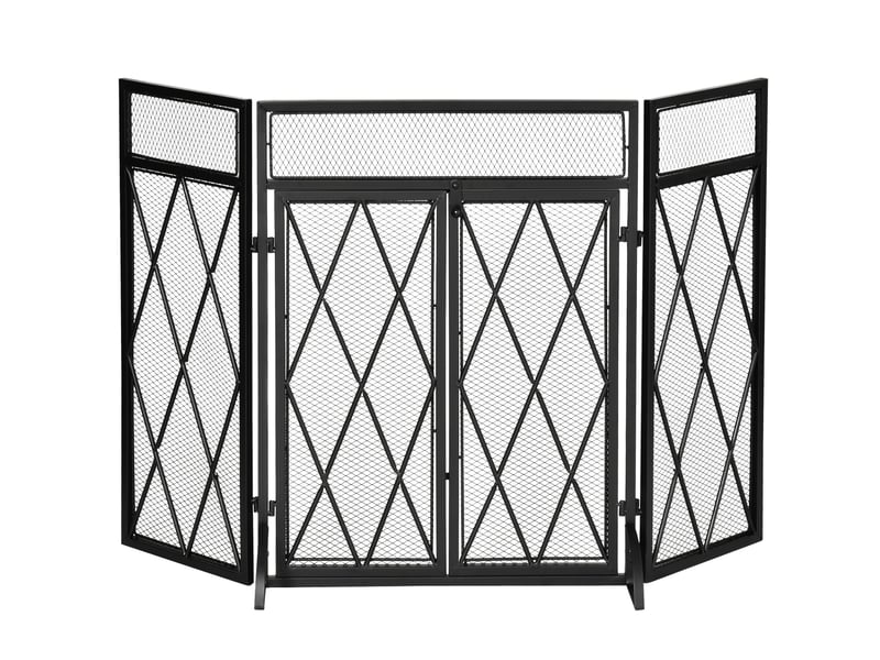  Grille de protection pour cheminée 120 x 79 cm, pare-feu pour cheminée ou poêle, pare-étincelles, barrière de sécurité, 3 volets pliables et porte  - Conforama B