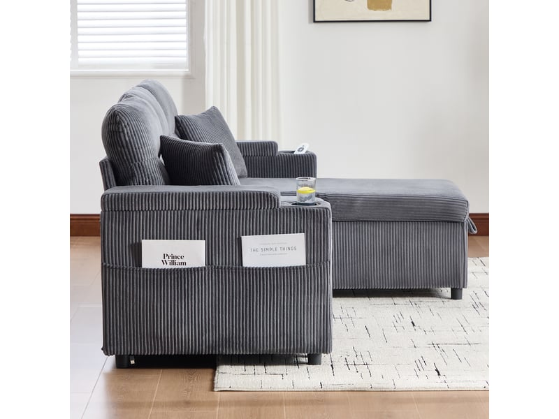  Méridienne canapé 3 places avec coffre de rangement et usb-c, velours côtelé gris anthracite  - Conforama R