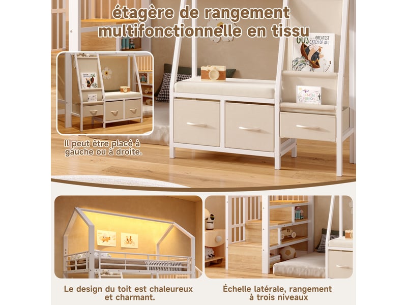  Lit mezzanine 90 x 200 cm – avec étagère de rangement en tissu – avec 3 tiroirs – avec échelle – avec éclairage led – blanc (matelas non inclus)  - Conforama W