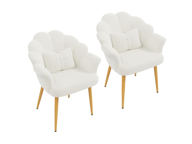 Lot de 2 fauteuils de salle à manger à dossier pétale en tissu teddy blanc, pieds dorés - Conforama A