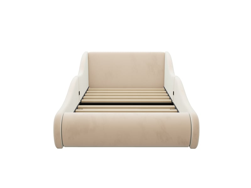 Lit simple enfant 90x200 cm - lit rembourré en velours avec haut tête de lit et barrières de sécurité - beige - Conforama E