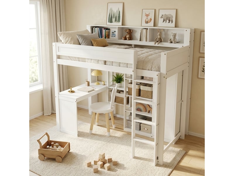  Lit mezzanine 90x200 cm avec table et armoire, lit superposé , lit enfant avec étagères et échelle à quatre niveaux, pin+mdf, blanc  - Conforama E