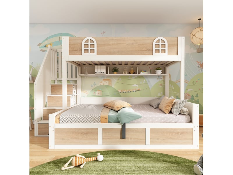 Lit superposé 1 et 2 places 90 × 200 cm et 140 × 200 cm avec coffre, escalier et étagères, sans matelas - Conforama C