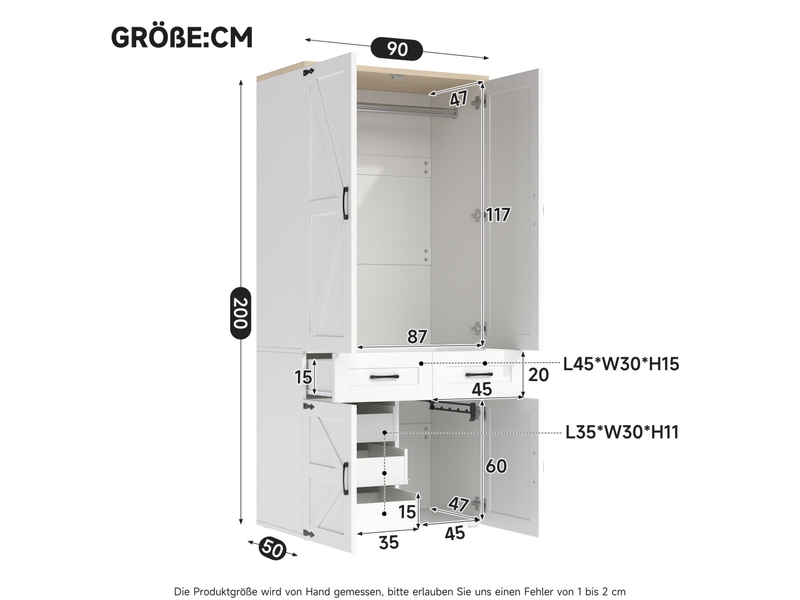  Armoire 4 portes blanche 90 x 50 x 200 cm avec 5 tiroirs et 2 tringles, style campagne pour votre chambre  - Conforama C