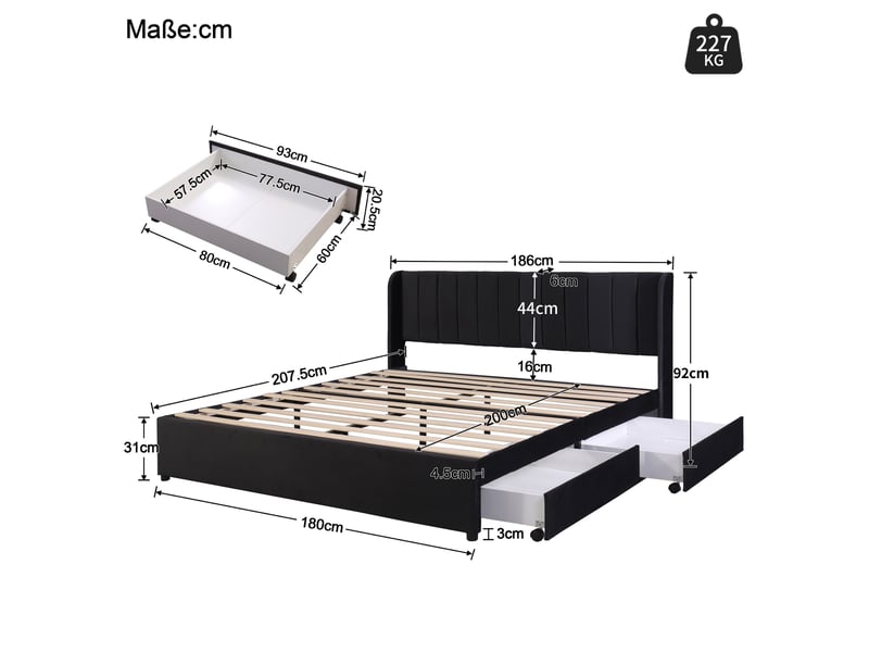  Lit double 180×200 cm avec dossier et 2 tiroirs, lit adulte avec sommier à lattes, velours, cadre de lit 2 personnes en noir  - Conforama W