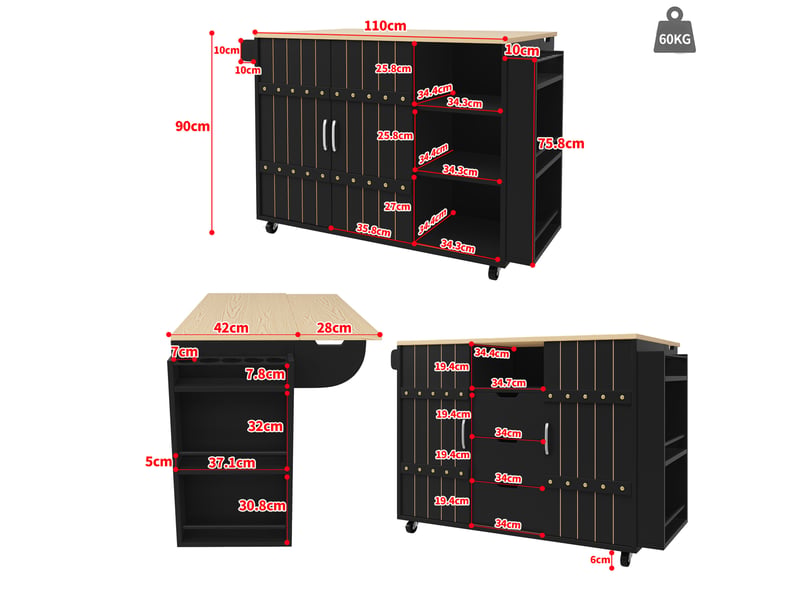 Desserte de cuisine 110 x 42 x 90 cm noire en mdf, plateau rabattable, portes coulissantes sur roulettes - Conforama C
