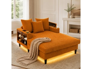 Chaise longue fixe 1 place en velours côtelé jaune moutarde avec led, usb et rangements intégrés pour le salon