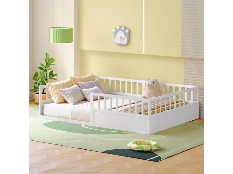  Lit  enfant 140x200 cm-lit  au sol 140x200 cm - avec barrières de sécurité et sommier à lattes- bois de pin- blanc  - Conforama B