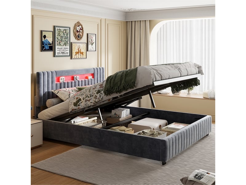  Lit 140x200cm - lit coffre 140x200cm - lit avec vérin à gaz, tête de lit led rvb et rangement - velours gris clair  - Conforama B