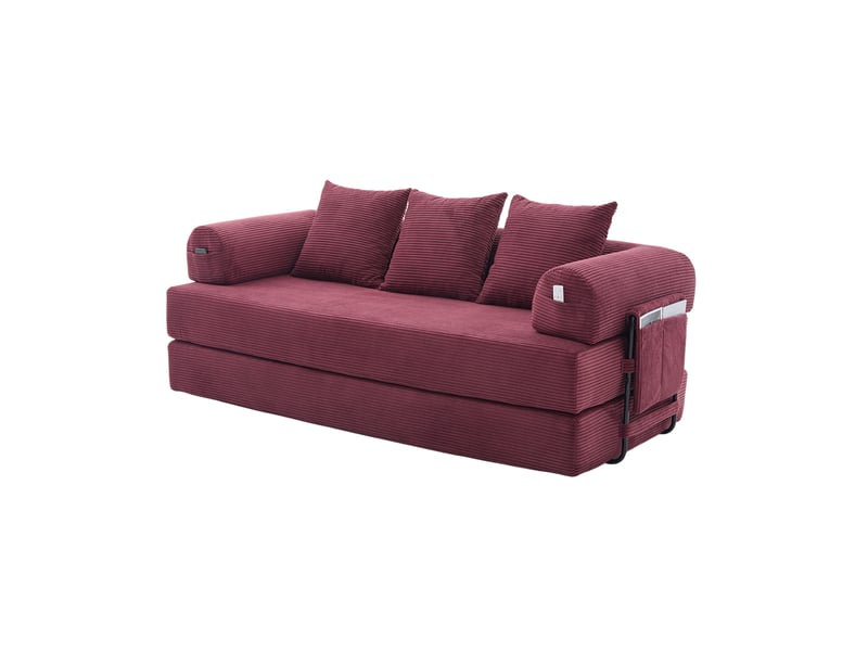  Canapé pliable modulable en métal et tissu, poches latérales et 3 coussins, canapé pour salon, rouge vin  - Conforama A