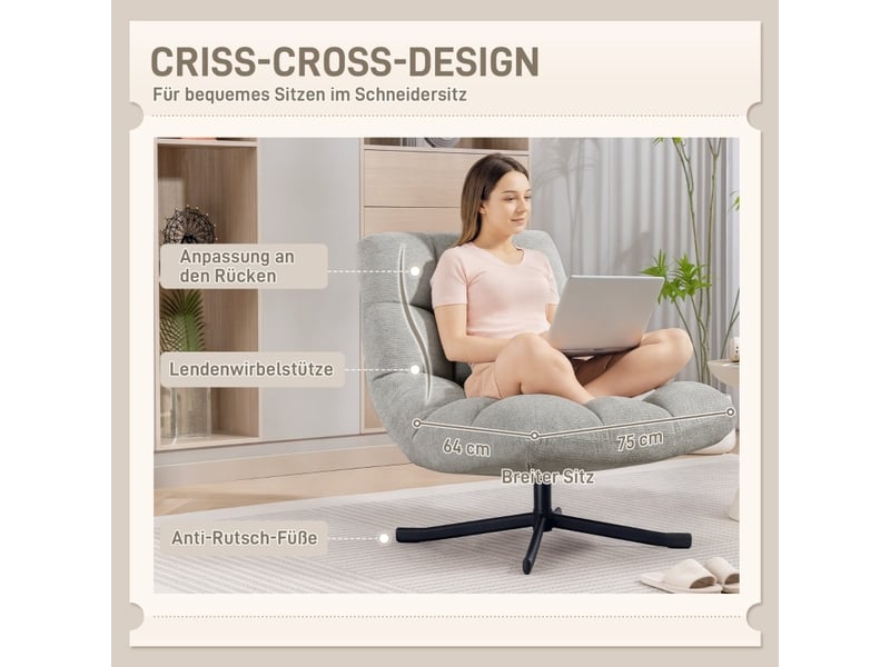  Fauteuil d'accent pivotant 75x95x90cm – fauteuil lounge individuel avec assise 360° et pieds croisés en métal –  chenille - gris  - Conforama D