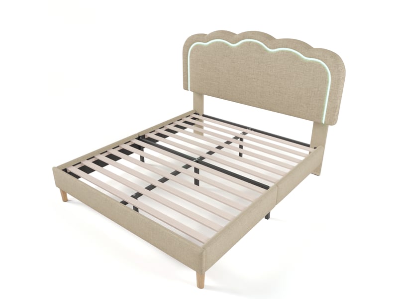  Lit double 140 x 200 cm avec tête de lit réglable, lit enfant avec led, lit 2 personnes avec cadre de lit en bois, tissu en lin  - Conforama R
