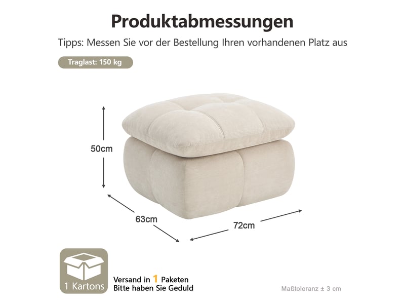 Pouf repose-pieds - 72 x 63 x 50 cm - ottoman en tissu chenille avec coussin moelleux - beige - Conforama E