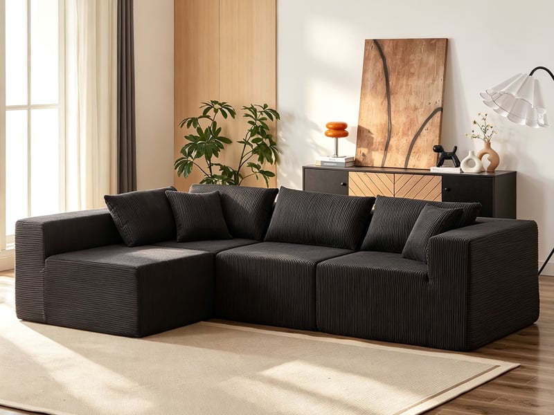  Canapé d’angle, canapé de sol en velours côtelé 104, compressé mousse, 4 pièces combinables, 71x264x167 cm, noir  - Conforama B
