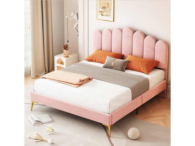  Lit double 140 x 200 cm rose, tête de lit 3 positions, sommier à lattes et velours, jusqu'à 250 kg  - Conforama D