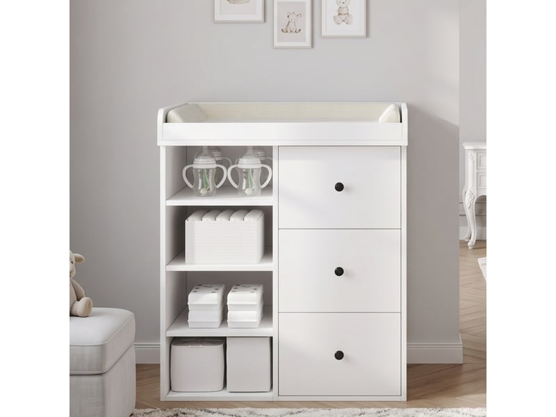 Commode à langer - 82 x 50 x 100 cm - commode à langer avec plan à langer, 3 tiroirs et étagères ouvertes - blanc - Conforama D