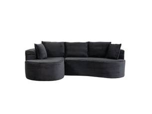 Canapé 3 places fixe en velours côtelé gris foncé, design arrondi avec porte-gobelets et rangements latéraux