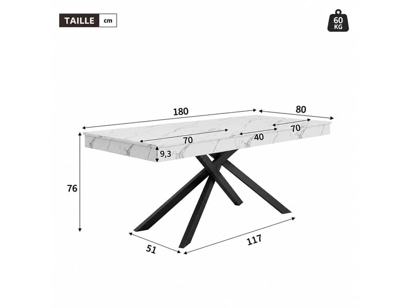  Table à manger extensible blanche, pieds métal, 6 à 8 personnes, 140–180 x 80 cm  - Conforama C