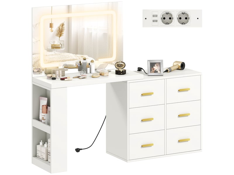  Coiffeuse de chambre avec miroir, éclairage led réglable, 6 tiroirs, 2 étagères et prises électriques, blanche  - Conforama A