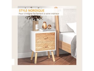 Chevet table de nuit design scandinave tiroirs bois massif pin mdf blanc et hêtre motif graphique 40l x 30l x 56h cm