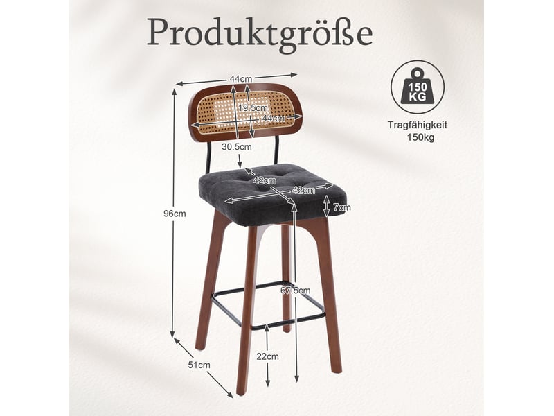  Lot de 2 tabourets de bar pivotants 44x51x96 cm – noir – dossier en rotin, assise en chenille rembourrée  - Conforama C