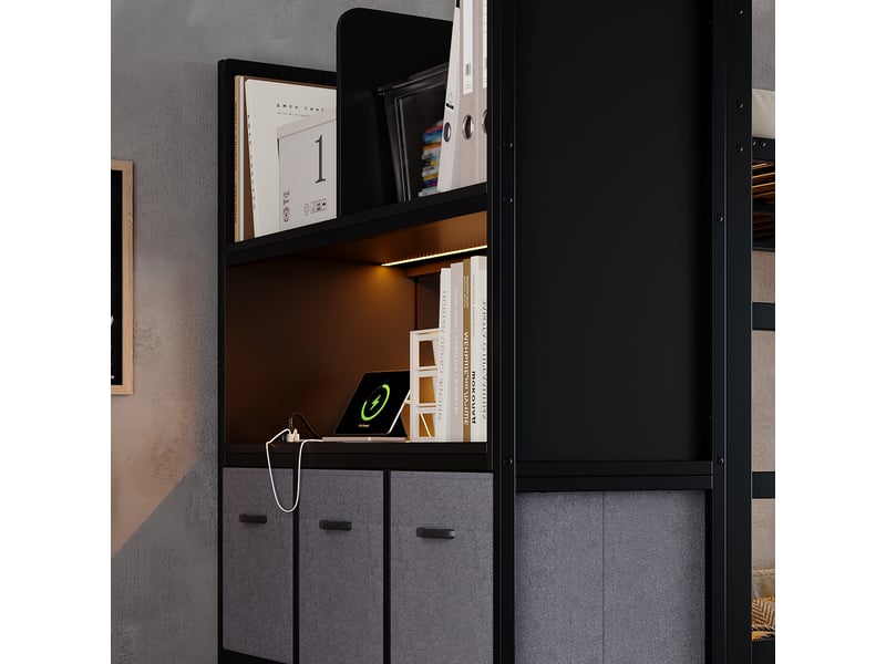 Lit mezzanine 120x200 cm avec échelle, rangements latéraux, éclairage led et station de charge - noir - Conforama E