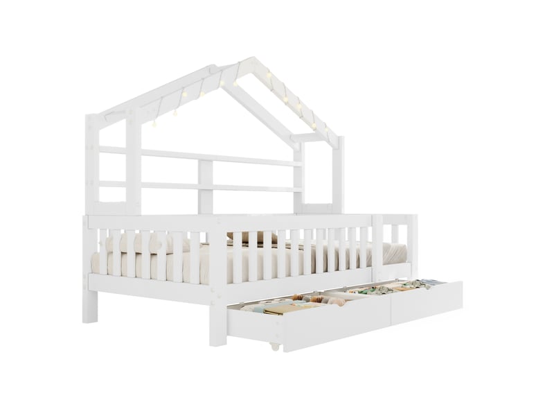 Lit cabane enfant 90x200 cm, lit au sol, tiroirs de rangement, barrière de sécurité, éclairage led, support à lattes stable, pin blanc OPULERANE TRADING LTD - Conforama A