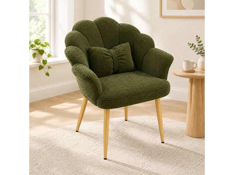  Fauteuil 1 place en tissu teddy vert avec dossier pétale et pieds dorés  - Conforama C