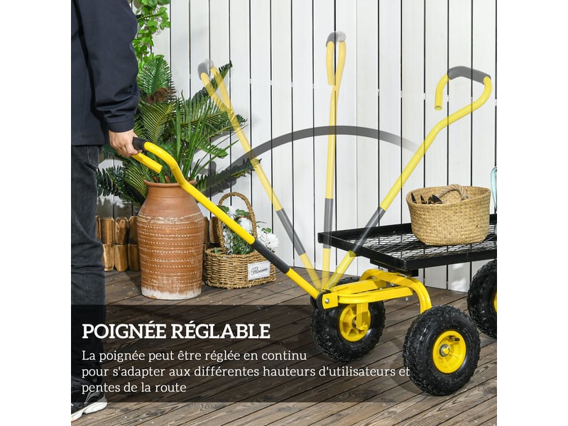  Chariot de transport jardin 94 x 48.5 x 100 cm roues tout terrain charge max 150 kg industriel épuré en acier jaune 21_0007113  - Conforama C